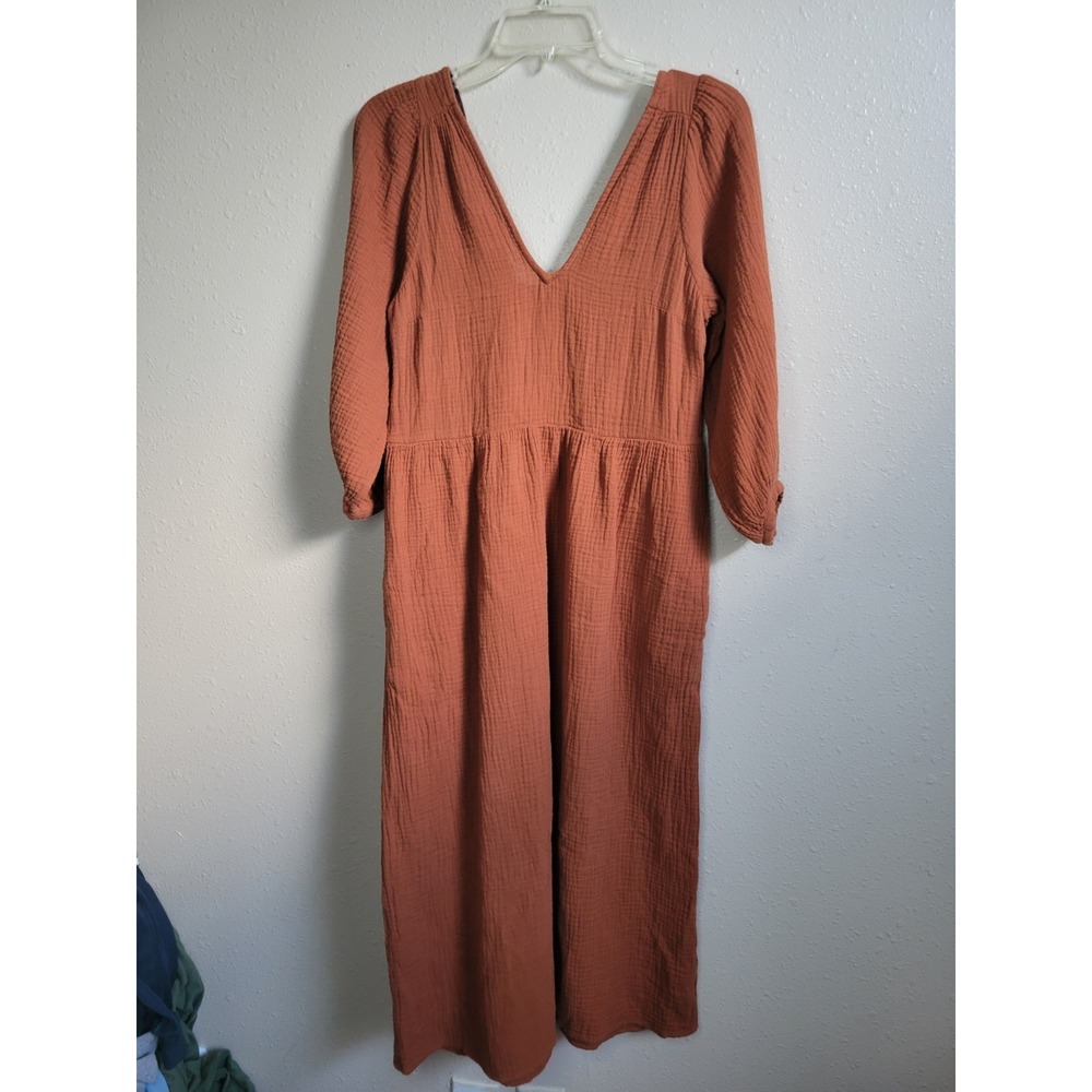 Madewell Double Gauze Midi Dress Cotton Pockets V Neck Burnt Orange Minimalist - Picture 1 of 10